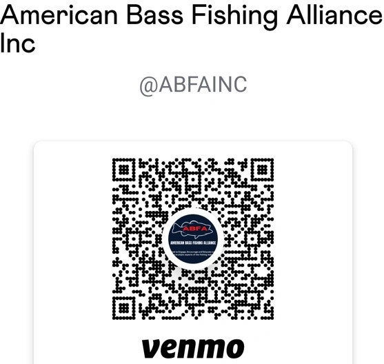 Donate to American Bass Fishing Alliance Inc. on Venmo, @ABFAINC. Scan the original donation QR code.